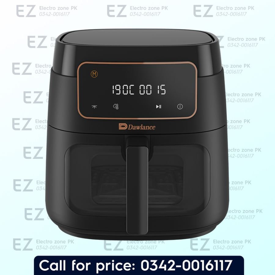 Dawlance Air Fryer DWAF 3374 B XXL features rapid air circulation, adjustable temperature and timer controls for efficient oil-free cooking at Electro Zone Pakistan.