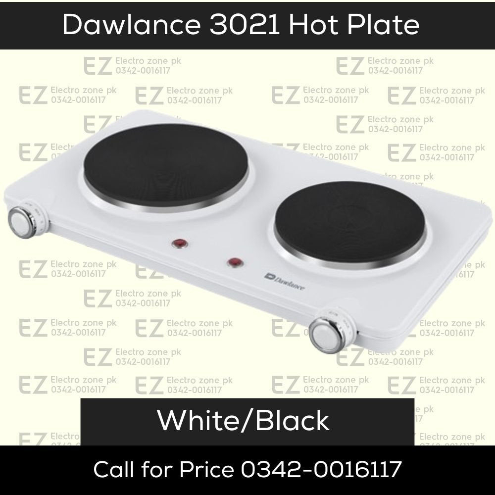 Dawlance DWHP 3021 Hot Plate White and Black from Electro Zone Pakistan with durable cast iron surface, easy temperature control, and convenient cooking.