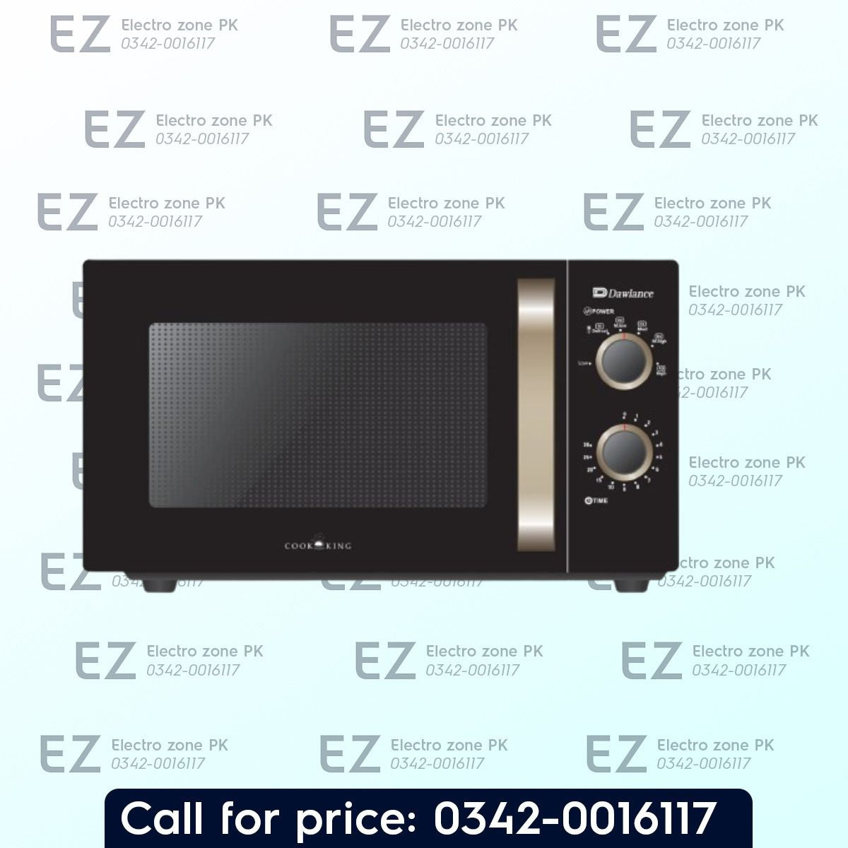 Dawlance DW 374 Microwave Oven 23L capacity, 900W power output, mechanical control panel, champagne finish, freestanding design. 