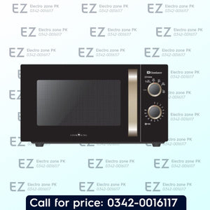 Dawlance DW 374 Microwave Oven 23L capacity, 900W power output, mechanical control panel, champagne finish, freestanding design. 