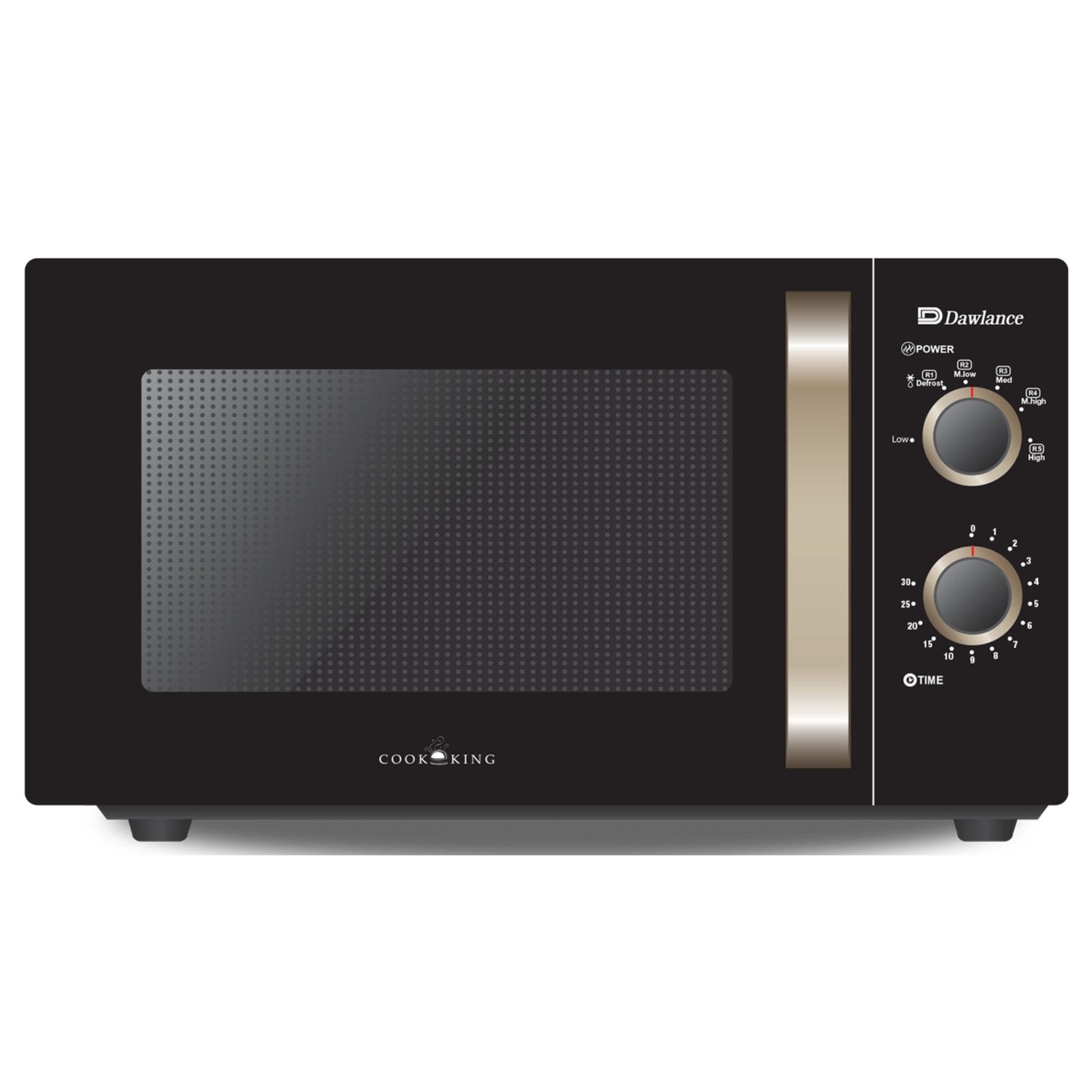 Dawlance DW 374 Microwave Oven 23L capacity, 900W power output, mechanical control panel, champagne finish, freestanding design. 