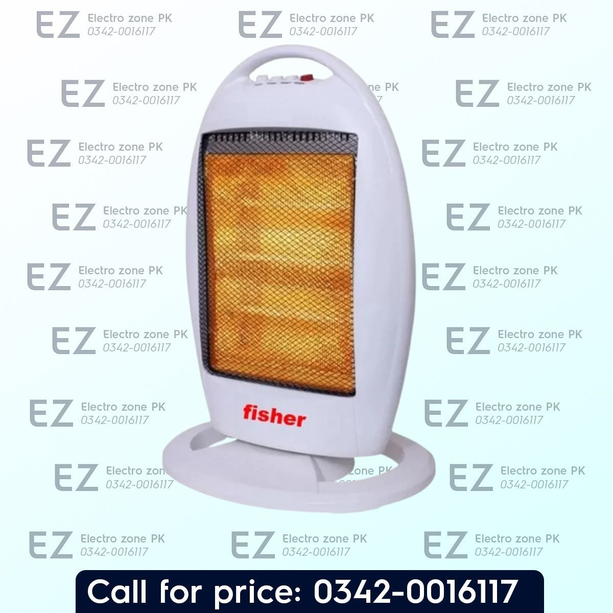 Fisher FR 185 Halogen Heater features 400W, 800W, and 1200W heat settings, three halogen rods, and easy on/off controls for winter comfort at Electro Zone PK.