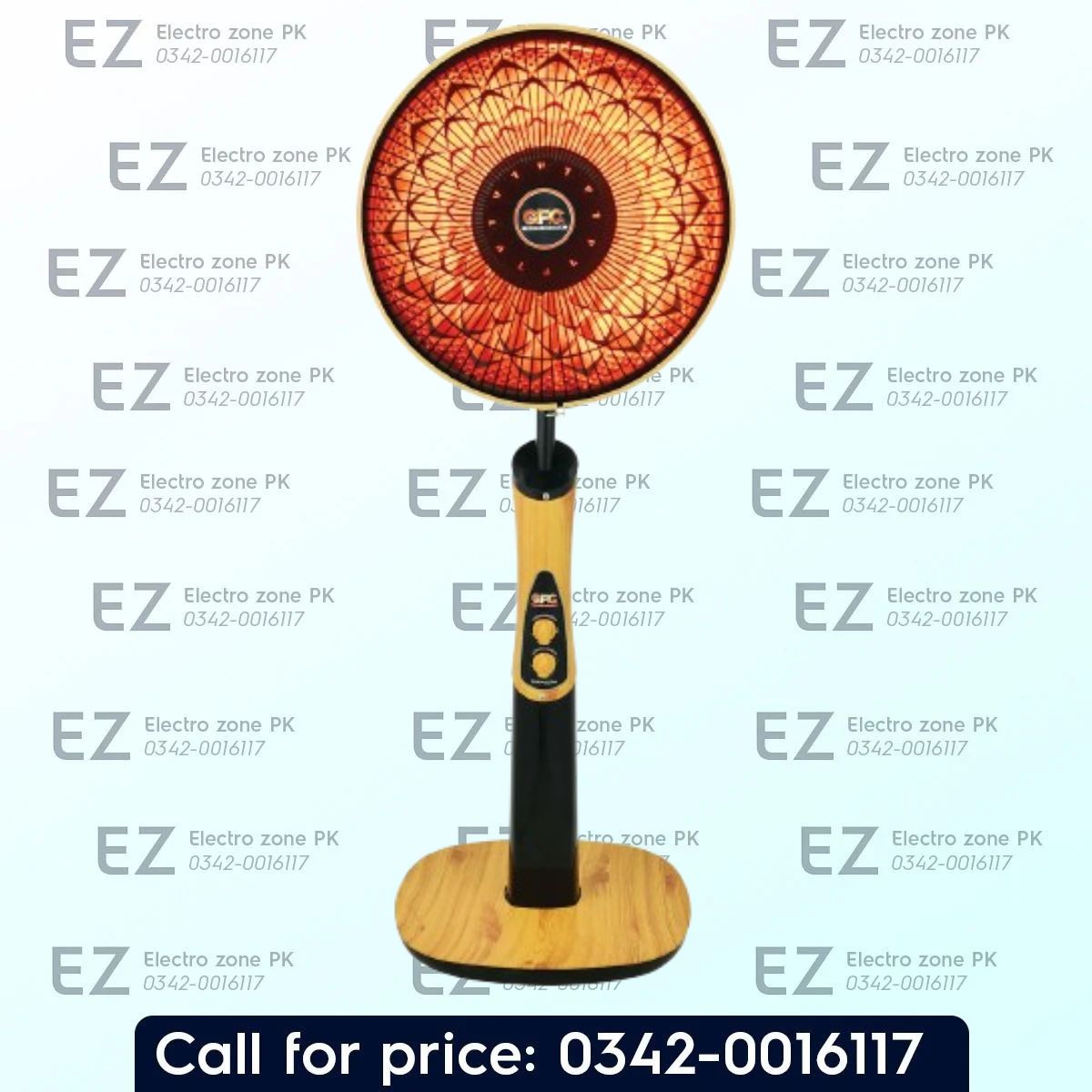 GFC GF 102 Parabolic Stand Heater with remote control, 900W/450W heat settings, adjustable reflector, and oscillation. Check price at Electro Zone PK.