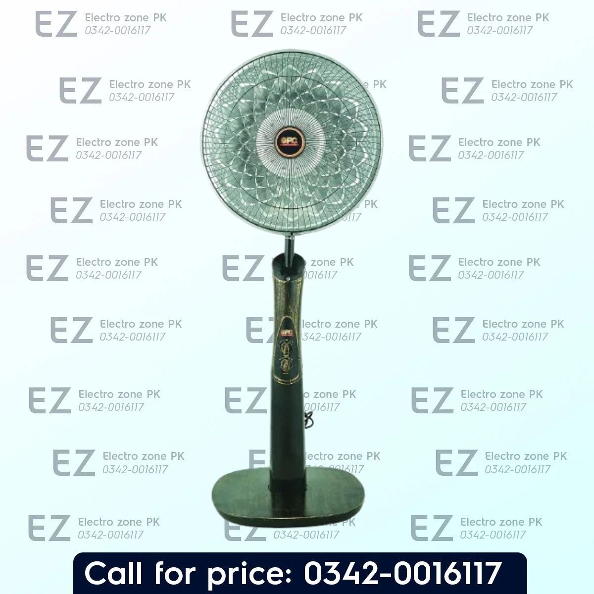 GFC GF 103 Parabolic Stand Heater with remote, 900W/450W power settings, carbon halogen heating, and oscillation. Check price in Pakistan at Electro Zone PK.