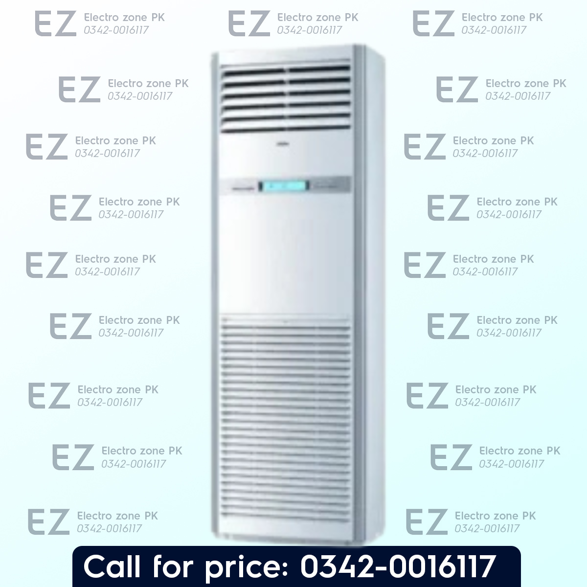 A tall white vertical air conditioner or split unit shown against a pale blue background, surrounded by repeated 'EZ Electro zone PK' text and a black banner at the bottom reading 'Call for price: 0342-001617'.