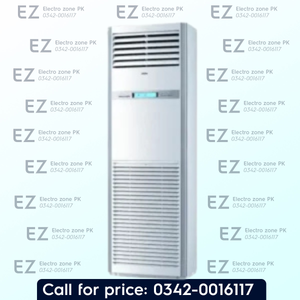 A tall white vertical air conditioner or split unit shown against a pale blue background, surrounded by repeated 'EZ Electro zone PK' text and a black banner at the bottom reading 'Call for price: 0342-001617'.