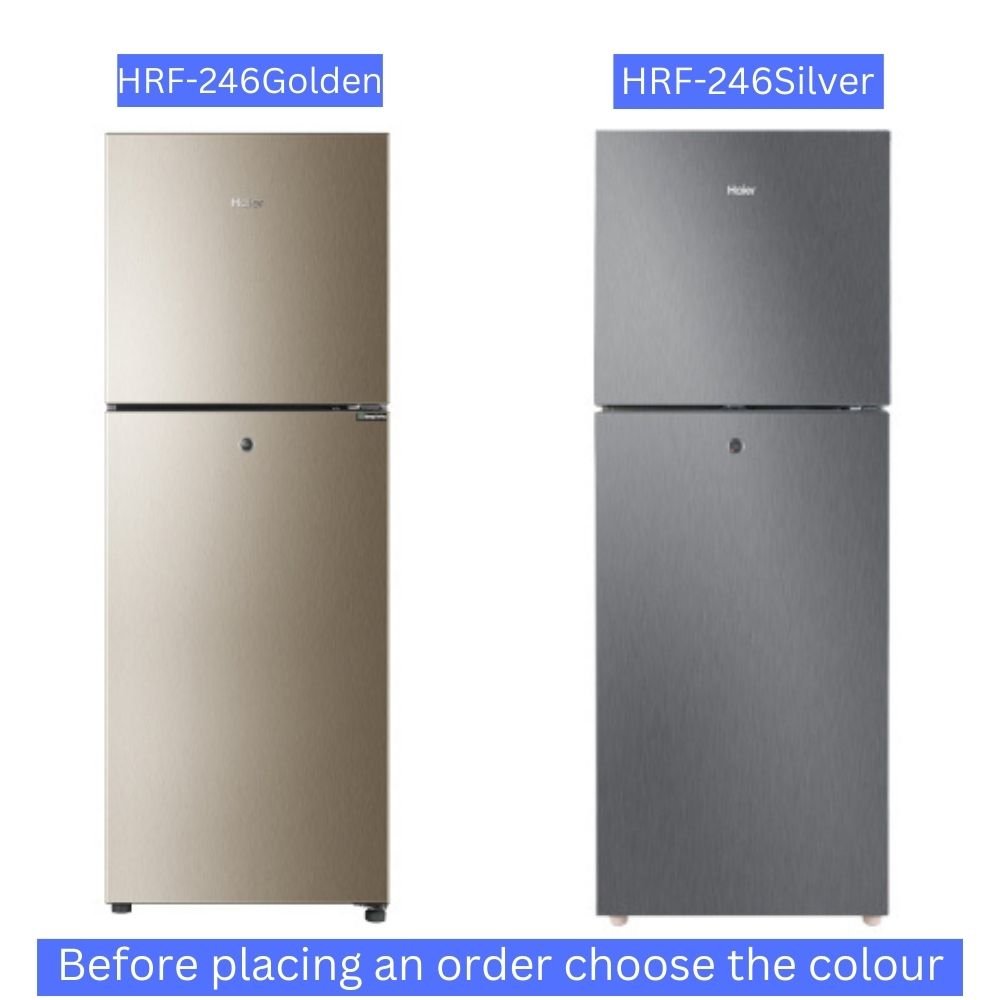 Haier 9 CFT HRF246 EBS/EBD E-Star Refrigerator offers efficient cooling, spacious storage and energy-saving performance for daily use at Electro Zone Pakistan.