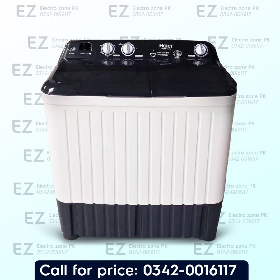 Haier HWM 100 CS 10kg Twin Tub Semi Automatic Washing Machine features dual tubs, pulsator wash technology and efficient spin drying at Electro Zone Pakistan.
