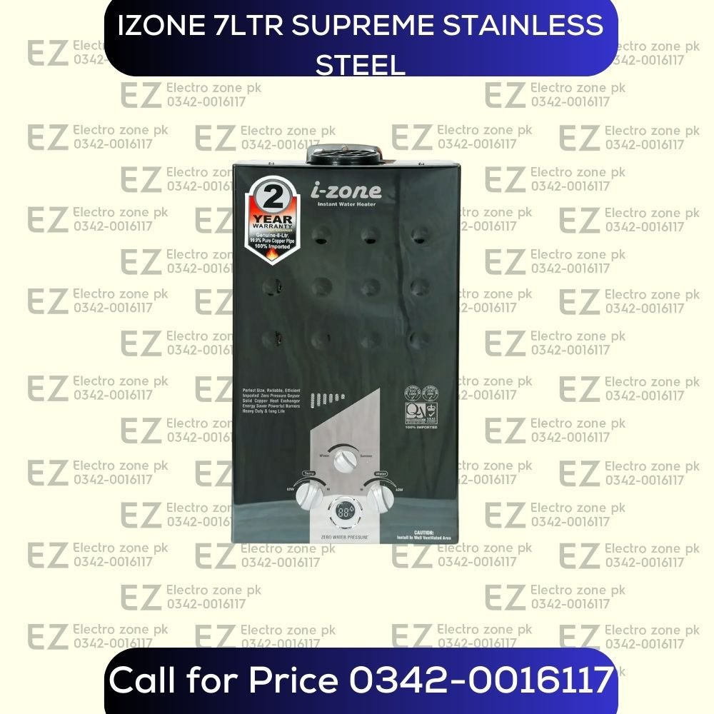 Izone 7Ltr Instant Water Geyser Supreme Stainless Steel features instant heating, efficient gas operation and durable steel construction at Electro Zone Pakistan.