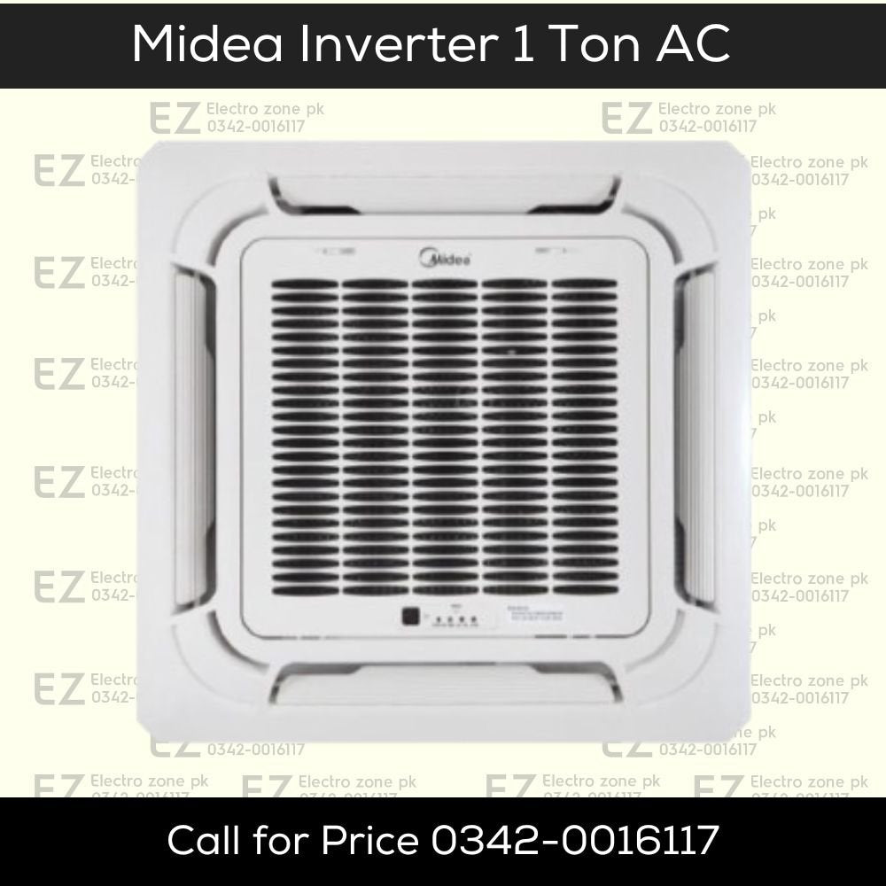 Midea 12HRFN Inverter 1 Ton Ceiling Cassette features inverter compressor, 4-way airflow, efficient cooling and best price at Electro Zone Pakistan.