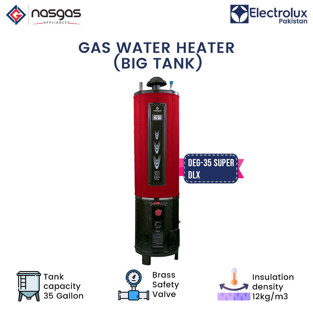 Nasgas DEG-35 Super Deluxe Electric & Gas Geyser features dual fuel heating, efficient performance and reliable hot water supply at Electro Zone Pakistan.