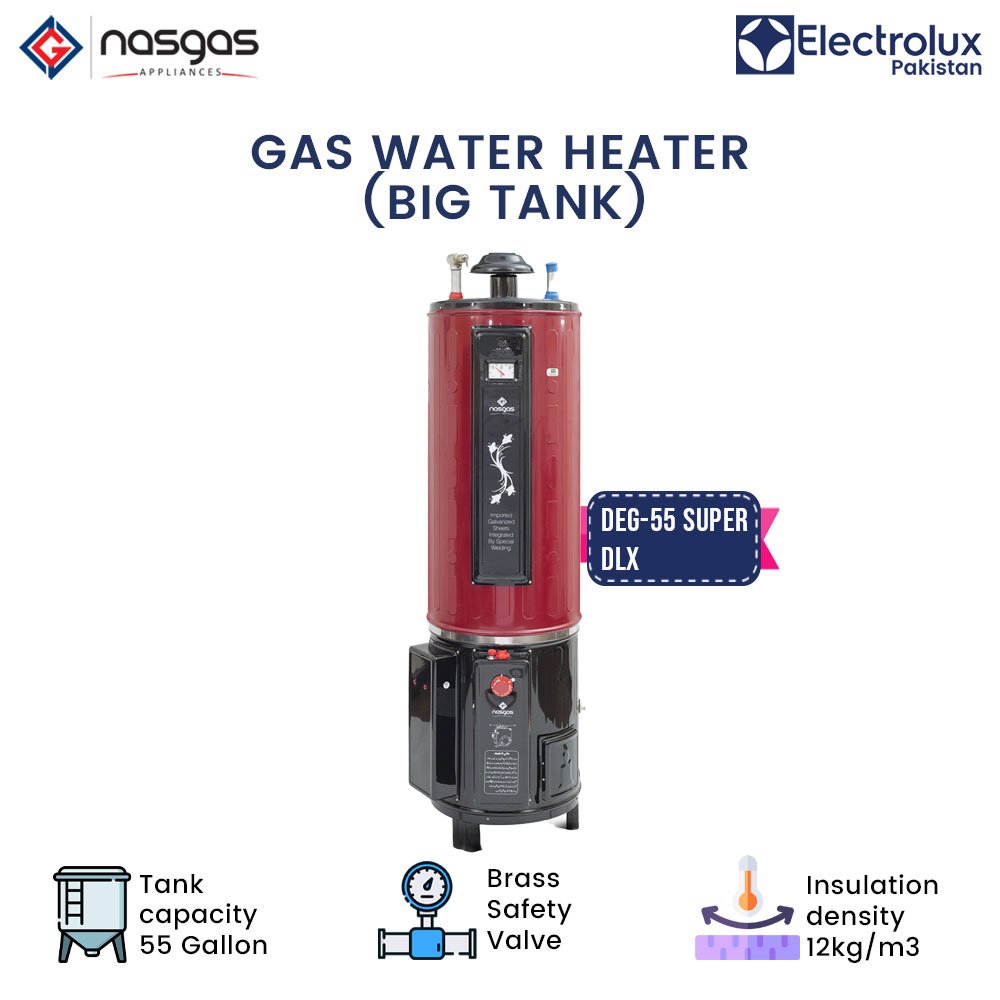 Nasgas DEG 55 Super Deluxe Electric and Gas Water Heater features dual fuel heating, efficient performance and reliable hot water supply at Electro Zone Pakistan.