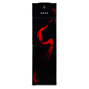 Black refrigerator with red abstract design on a white background