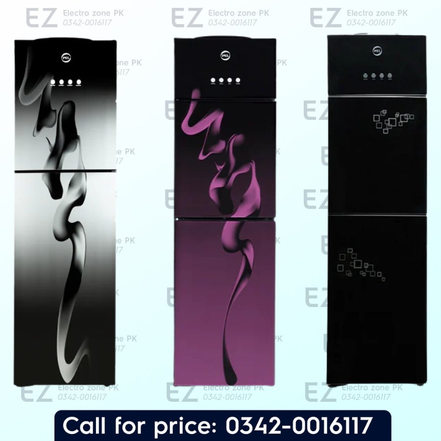 PEL 525 Water Dispenser - Curved Glassdoor features efficient cooling, hot and cold water dispensing and premium glass door design at Electro Zone Pakistan.
