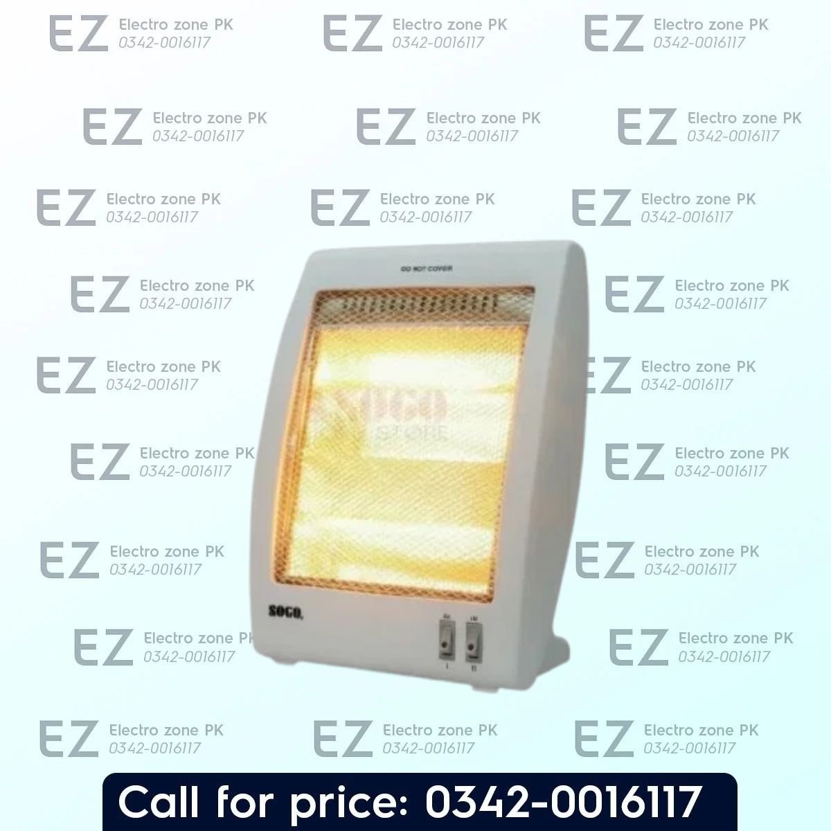 Sogo JPN 95 Quartz Electric Heater with 400W/800W heat settings, tip-over safety switch, and wide-angle reflector. Check price at Electro Zone PK today.