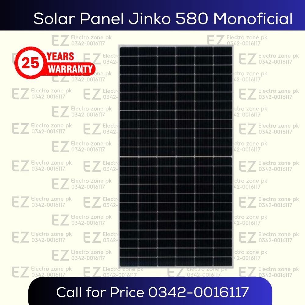 Solar Panel Jinko N-Type 580 Monoficial features 580W output, N-Type cells, high efficiency and durable construction for reliable solar power at Electro Zone Pakistan.