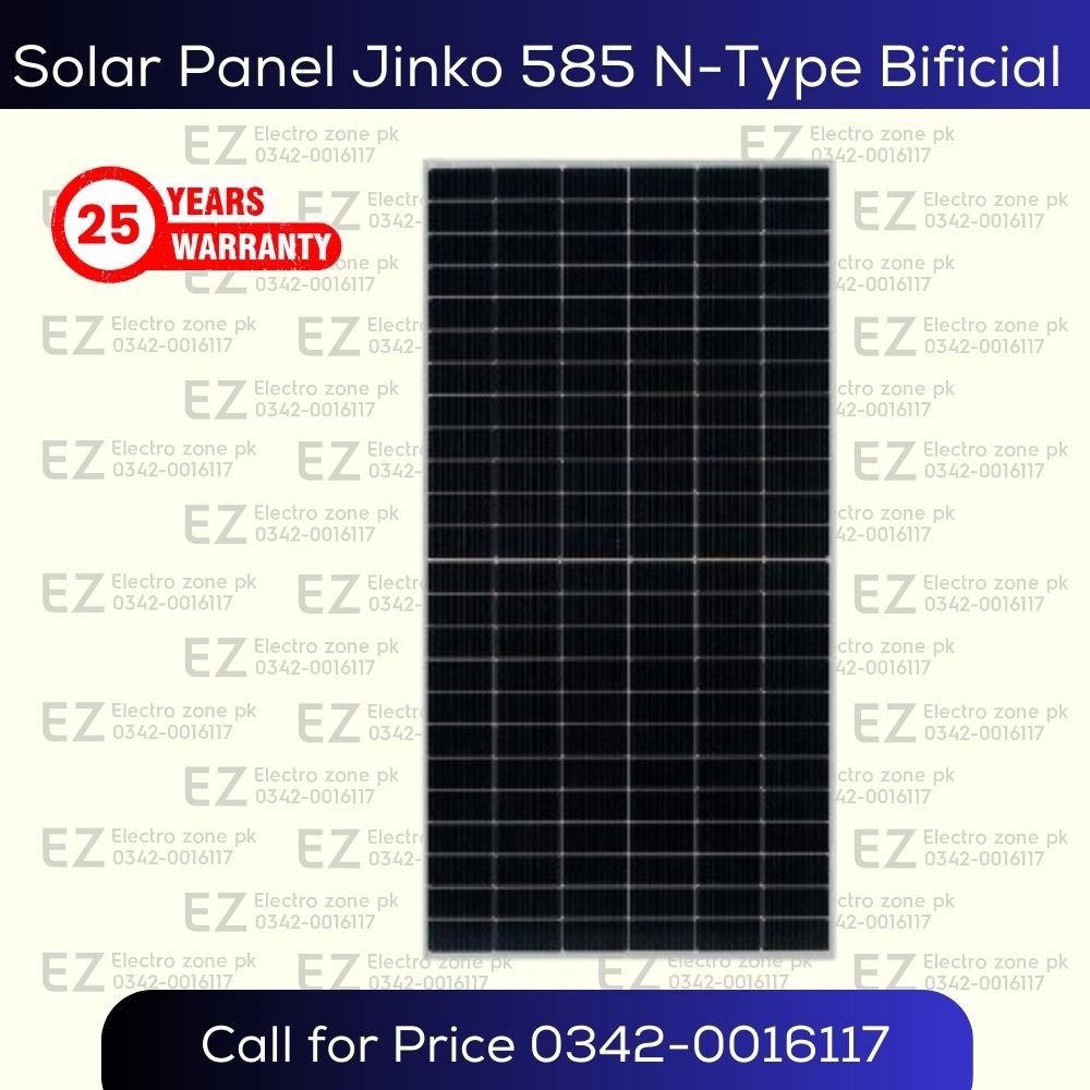 Solar Panel Jinko N Type 585 Bifical features 585W output, N Type bifacial cells, high efficiency and durable construction at Electro Zone Pakistan.