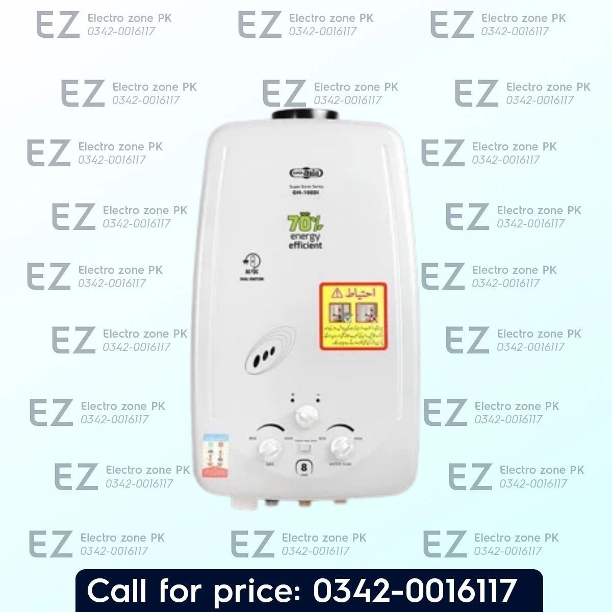 Super Asia GH 108DI Super Saver Series Water Geyser with 8L capacity, dual automatic ignition, flame failure protection, and overheat safety at Electro Zone PK.