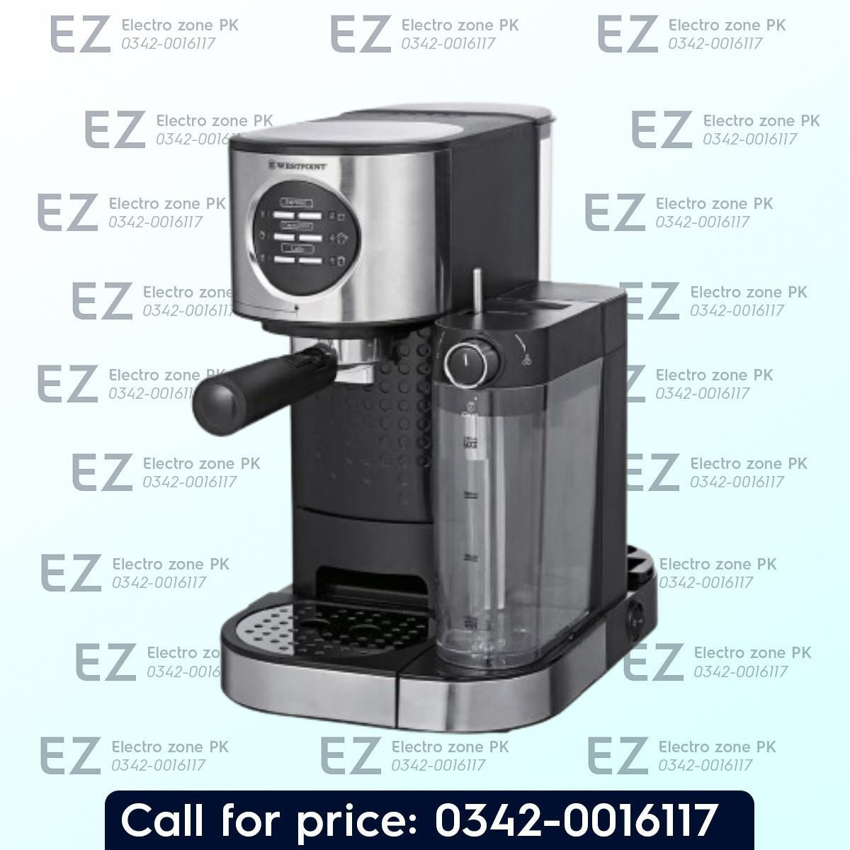 West Point WF 2025 Professional Coffee Maker with 20-bar pressure, 90-second preheating, milk frothing steamer, 600W power, and one-button operation.