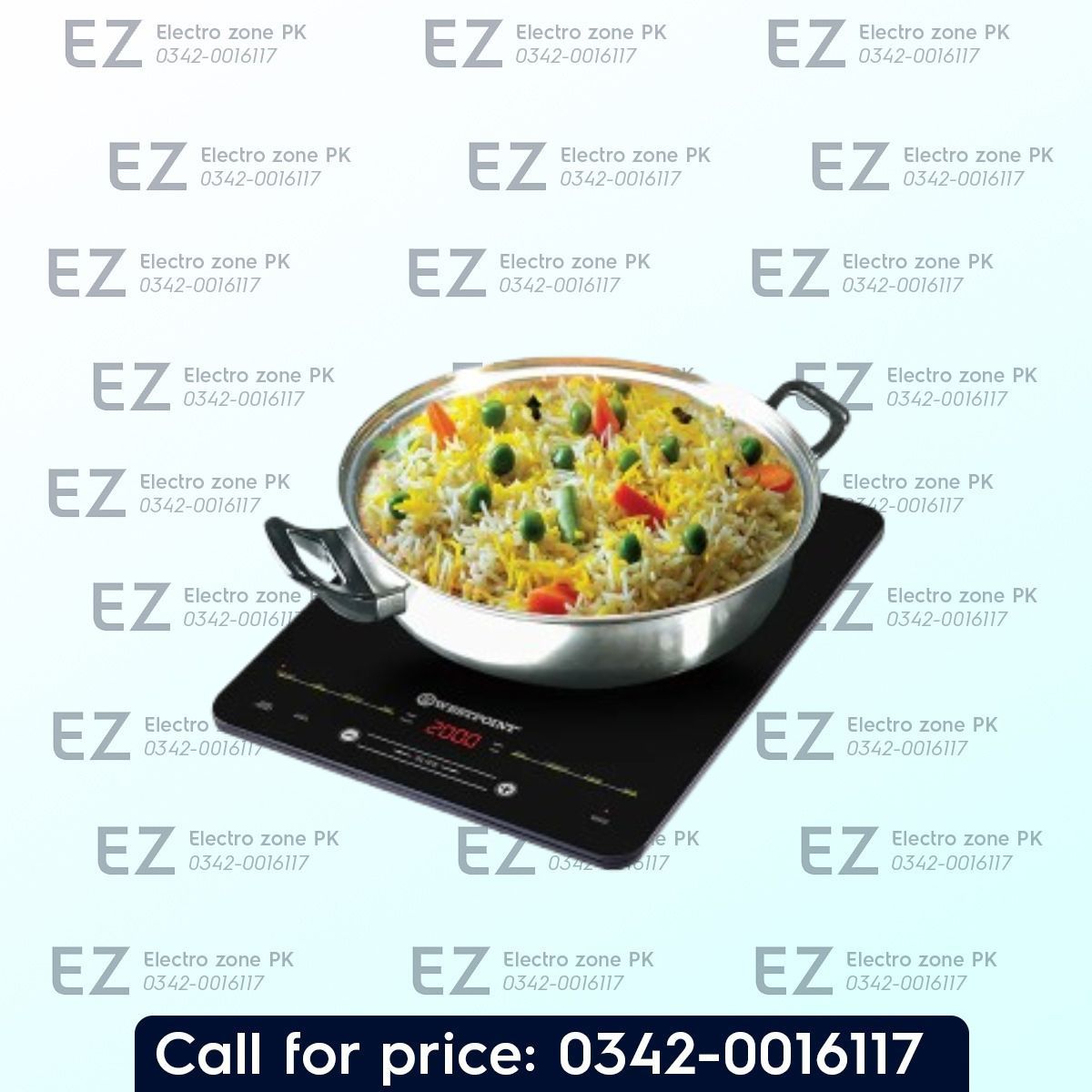 Westpoint WF 143 Deluxe Induction Cooker with 2000W power, ceramic glass cooktop, 8 cooking functions, overheat protection, and auto switch-off safety.