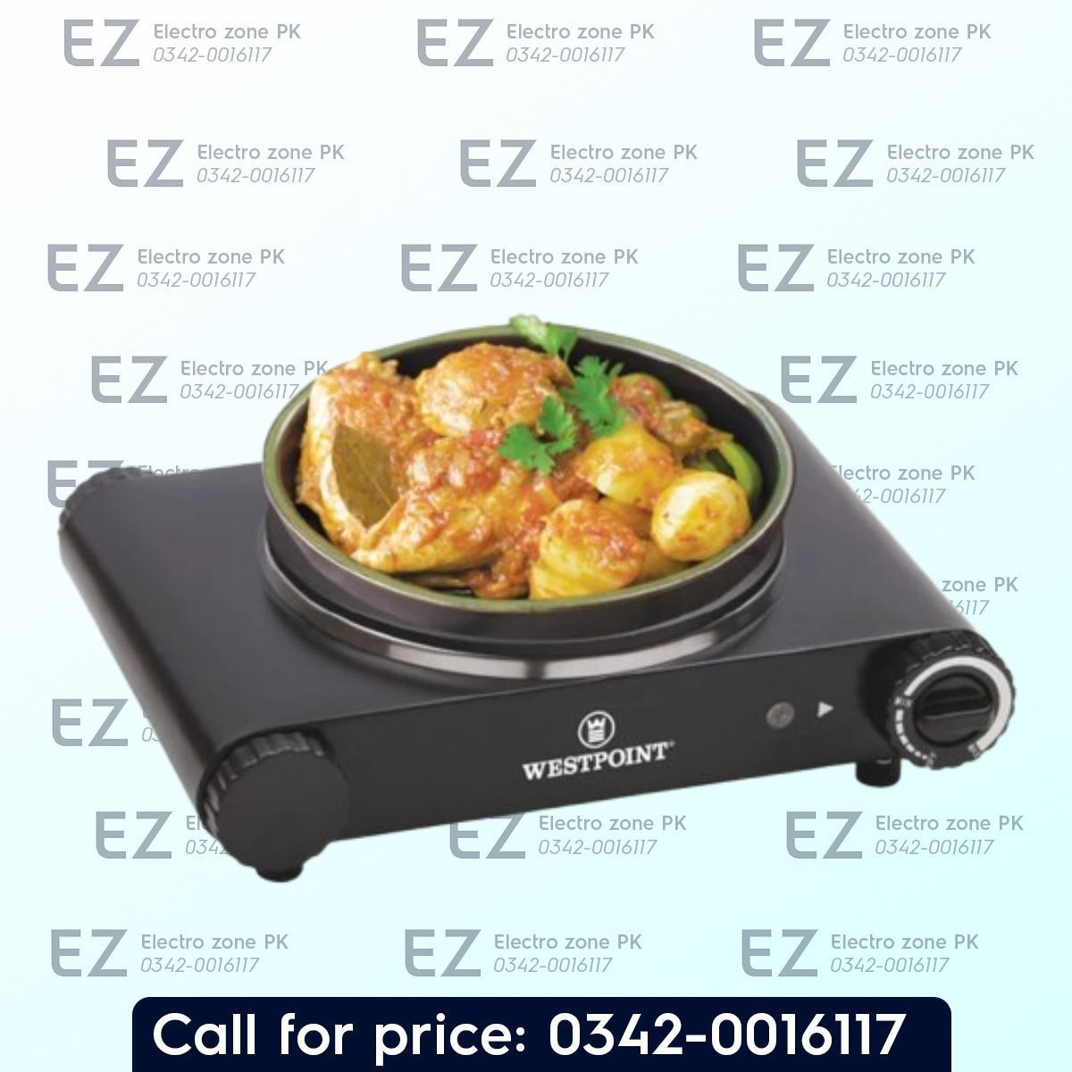 Westpoint WF 261 Deluxe Hot Plate with 1000W power, adjustable thermostat, overheating protection, power indicator, and skid-resistant feet at Electro Zone PK.