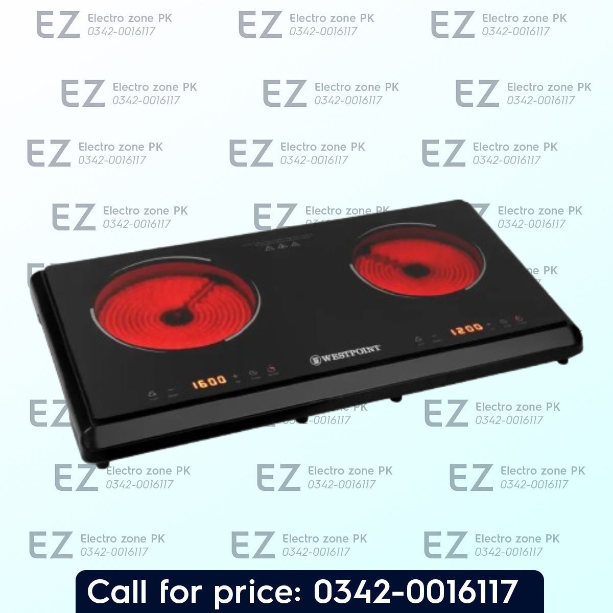 Westpoint WF 292 Professional Ceramic Cooker with 3500W power, dual heating zones, adjustable temperature control, and safety protection at Electro Zone PK.
