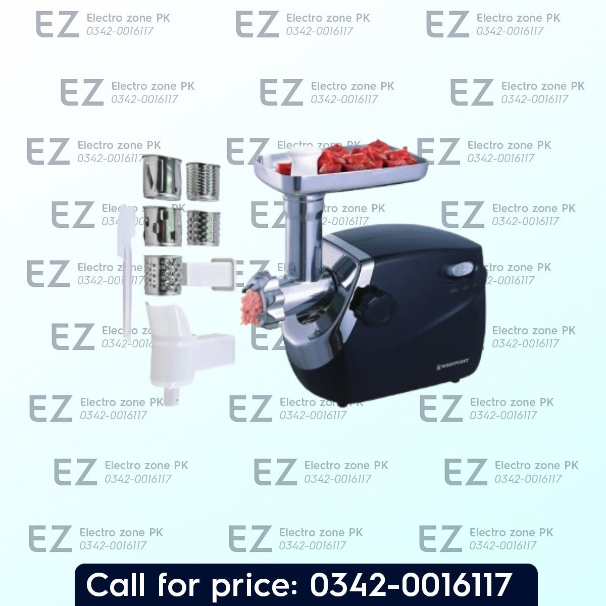 Westpoint WF 3050 Deluxe Meat Grinder with vegetable cutter offers versatile grinding, slicing, shredding, and sausage making. Buy from Electro Zone PK.