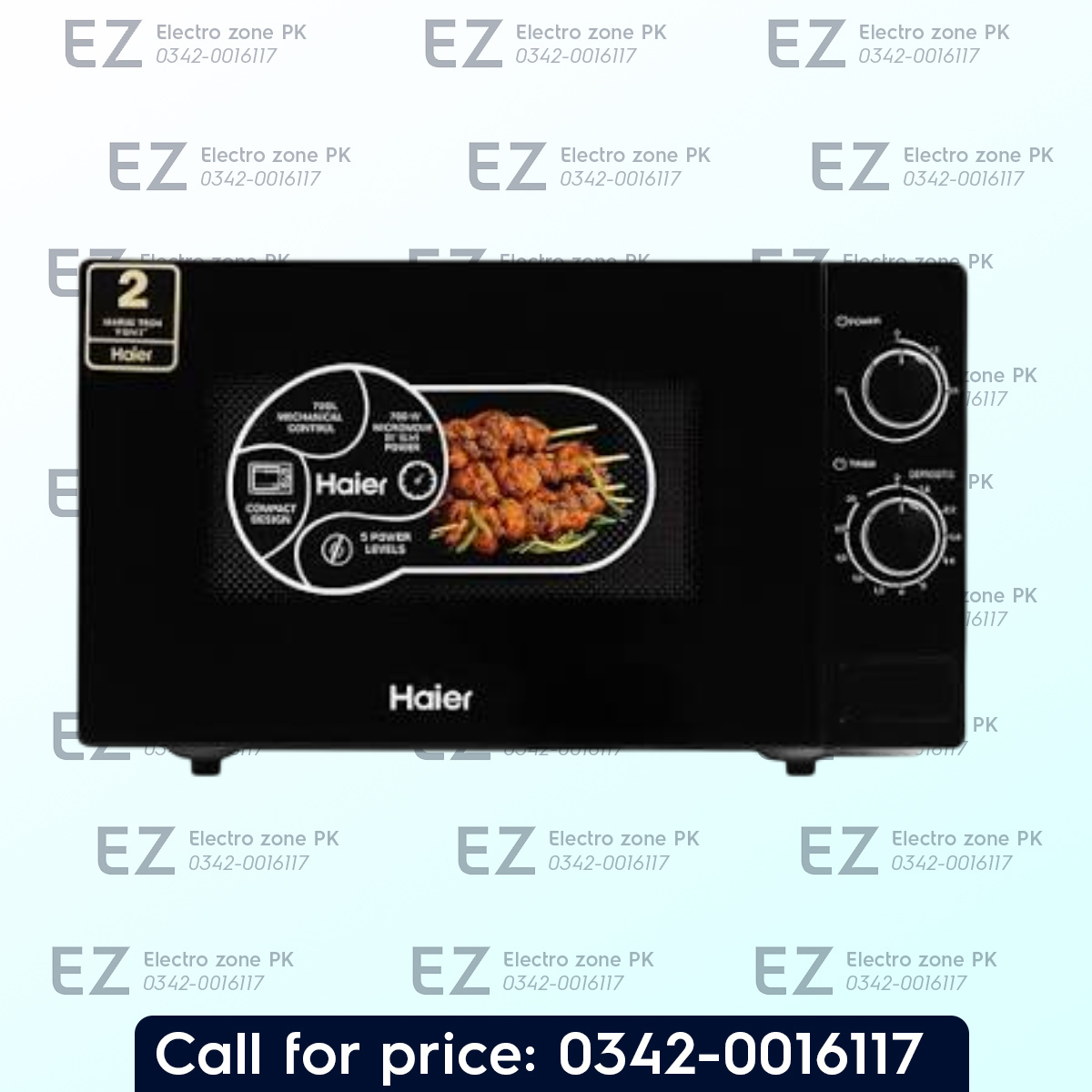 A black Haier microwave oven with a glass door showing cooked meat inside, set against a light blue background with repeated 'Electro zone PK' watermarks and a blue banner at the bottom reading 'Call for price: 0342-0016117'.