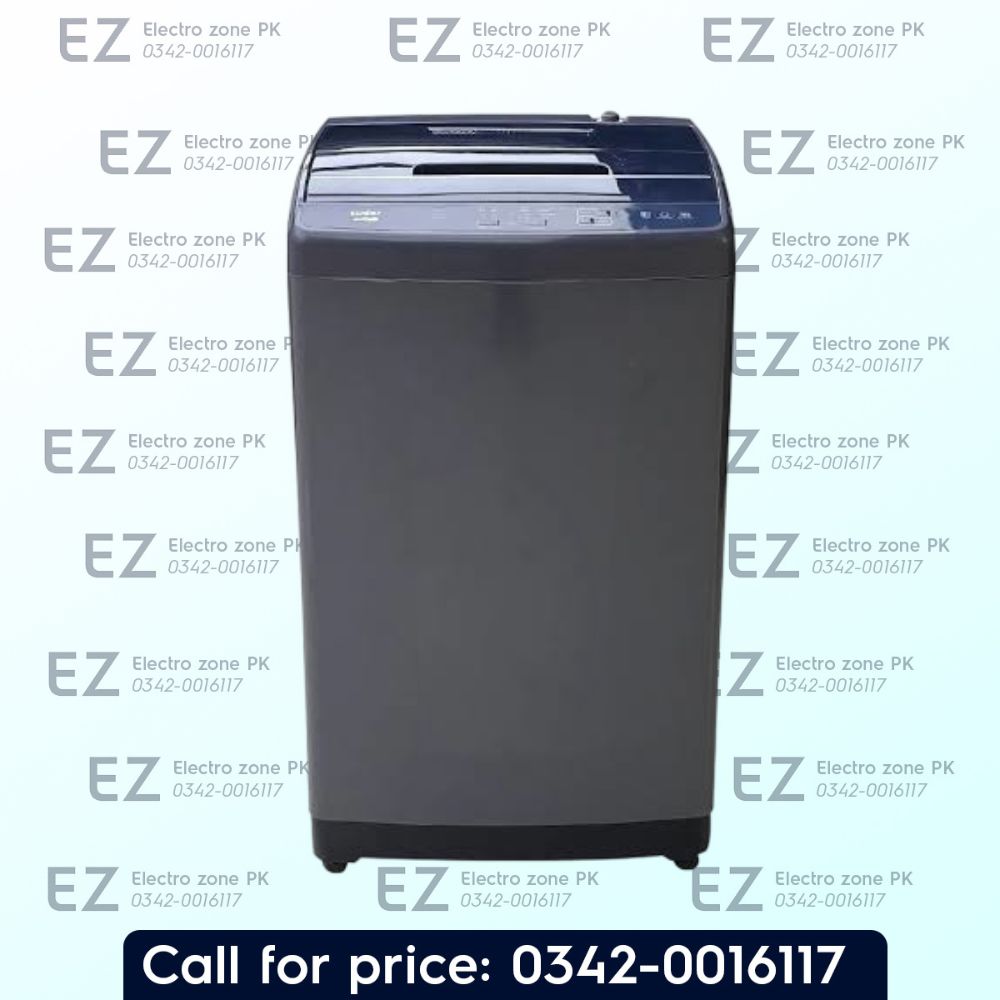 A dark gray top-loading washing machine shown against a light background with repeated 'EZ Electro zone PK' watermarks and a blue banner at the bottom reading 'Call for price: 0342-0016117'.