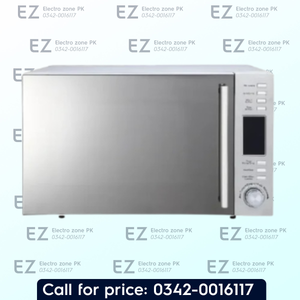 A stainless steel microwave oven with a digital control panel on the right side, shown against a light blue background with repeating 'EZ Electro zone PK' watermarks and a black banner at the bottom reading 'Call for price: 0342-0016117'.