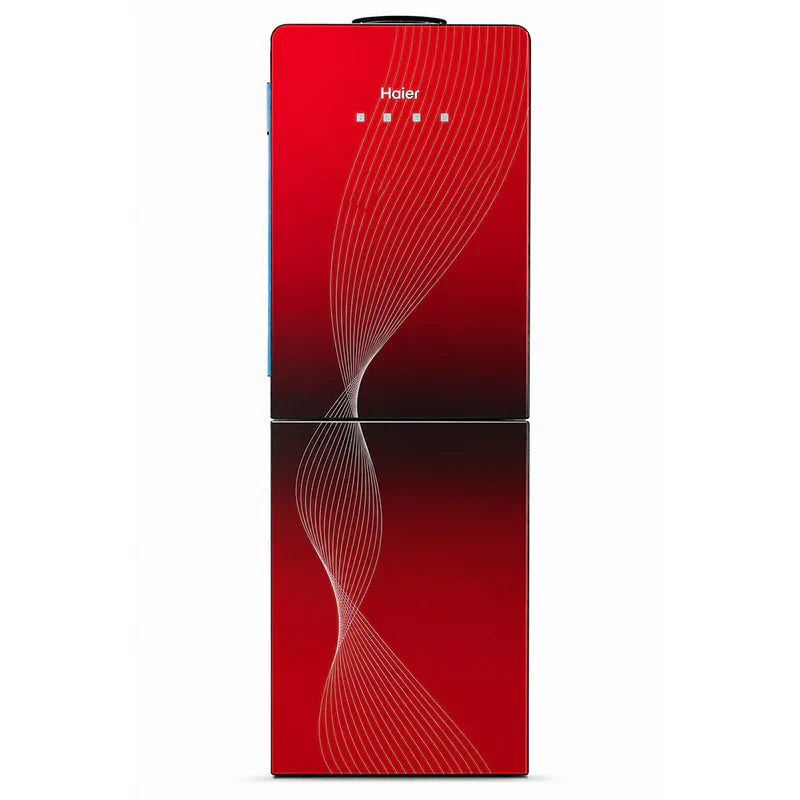 the Haier HDR-TC2C1GR-PK Two Taps Water Dispenser with hot & cold water, top-loading design, and elegant red glass finish. Best prices in Pakistan.